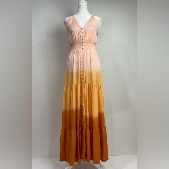 Tiare Hawaii Dresses & Skirts - Tiare Hawaii Maxi Dress Button Front Dawn Ombre Pink Yellow Orange Tired Rayon S